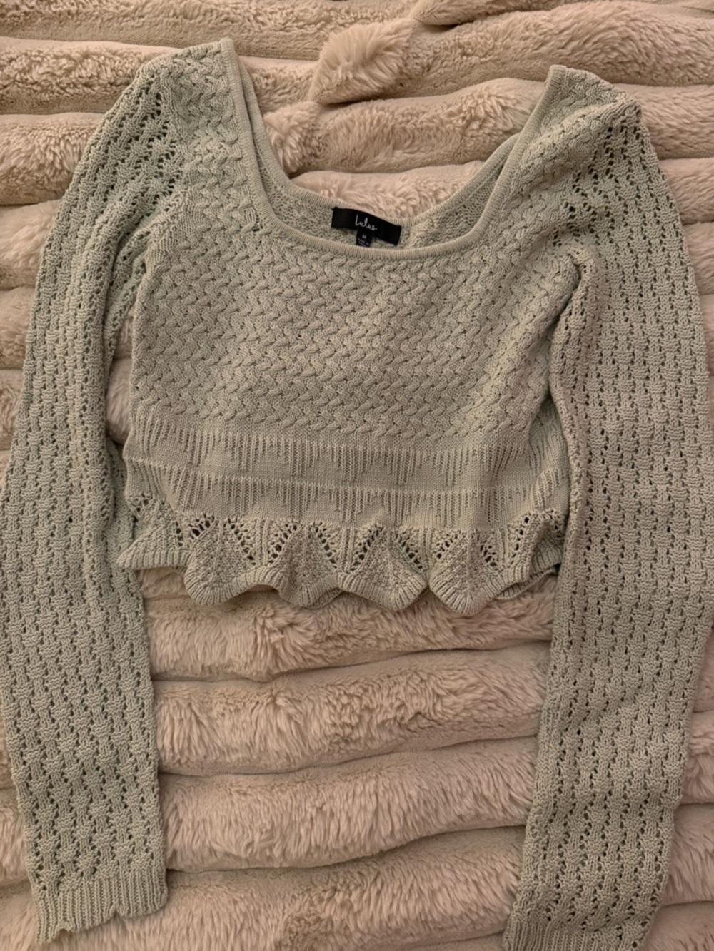 Lulu's Sage Green Crochet Knit Long Sleeve Crop Top